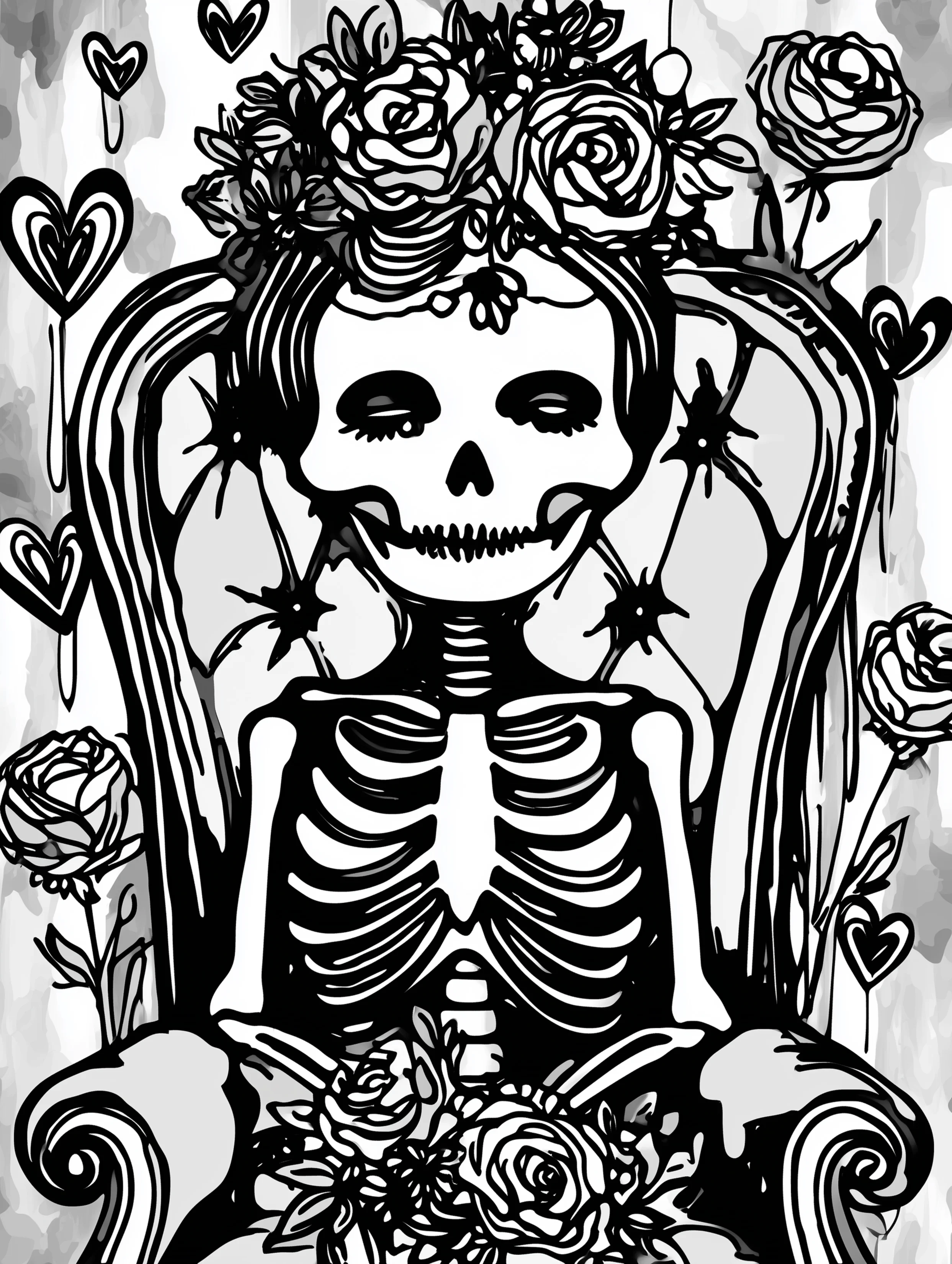 Free printable queen coloring page for adults featuring a skeleton queen wearing a floral crown